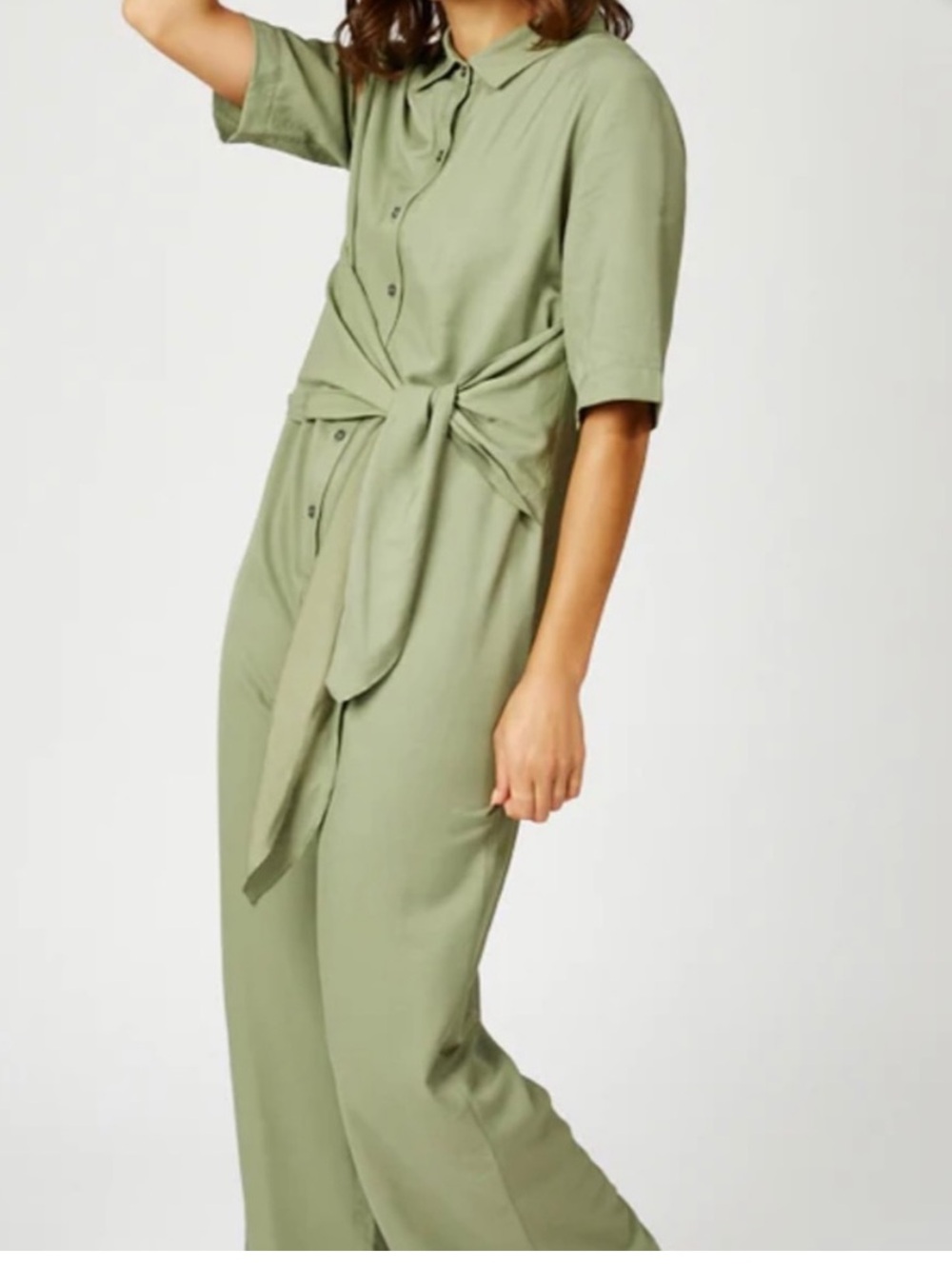 Tie-Waist Button-Front Jumpsuit in Sage Green